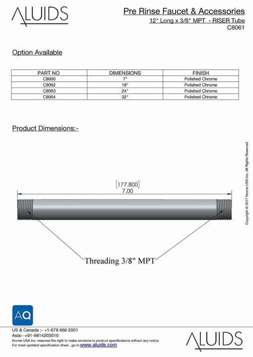 24" Long x 3/8 MPT - Riser Tube C8063 aluids