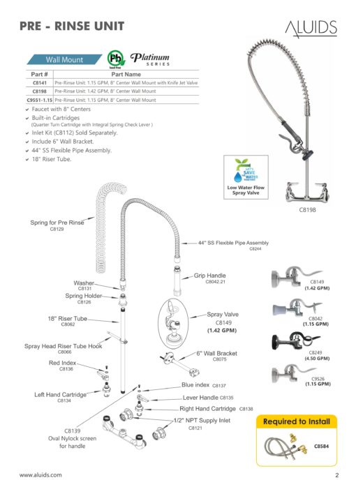 Pre-Rinse Unit: 1.42 GPM, 8" Center Wall Mount