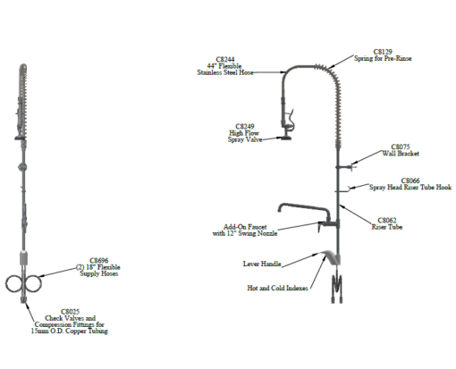Pre-Rinse Unit: Single Hole Deck Mount, High Flow Spray Valve, Add-On Faucet and 12" Nozzle C8220 aluids