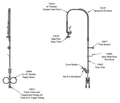 Pre-Rinse Unit: Single Lever Deck Mount Faucet with High Flow Spray Valve C8219 aluids