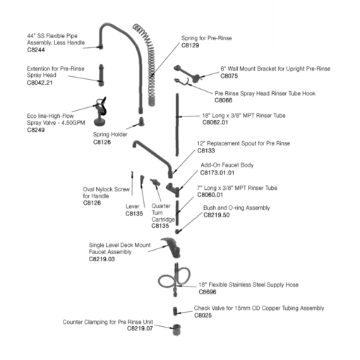 Pre-Rinse Unit: Single Hole Deck Mount, High Flow Spray Valve, Add-On Faucet and 12" Nozzle C8220 aluids