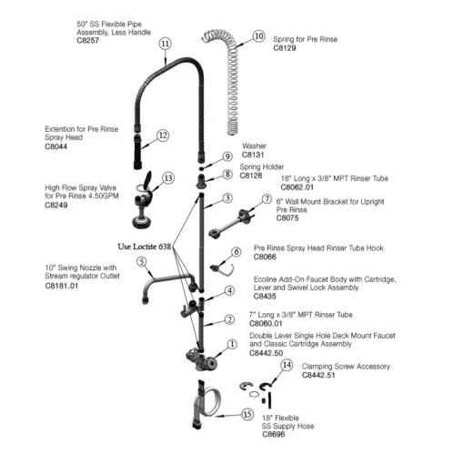 Pre-Rinse Unit: Long Height Double Lever Single Hole Deck Mount, High Flow Spray Valve C8442 aluids