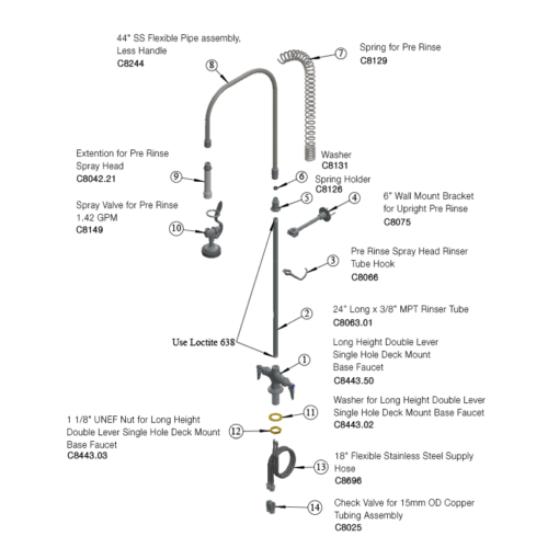 Pre-Rinse Unit: Long Height Double Lever Single Hole Deck Mount , Spray Valve 1.42 GPM C8443 aluids