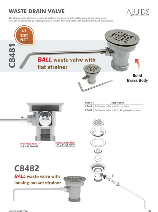 Ball waste valve with flat strainer