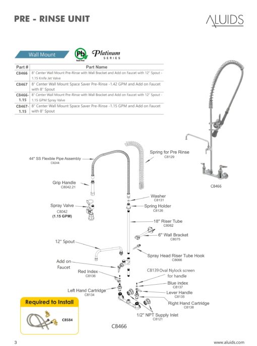 8" Center Wall Mount Space Saver Pre-Rinse -1.15 GPM and Add on Faucet with 8" Spout ( knife-style)