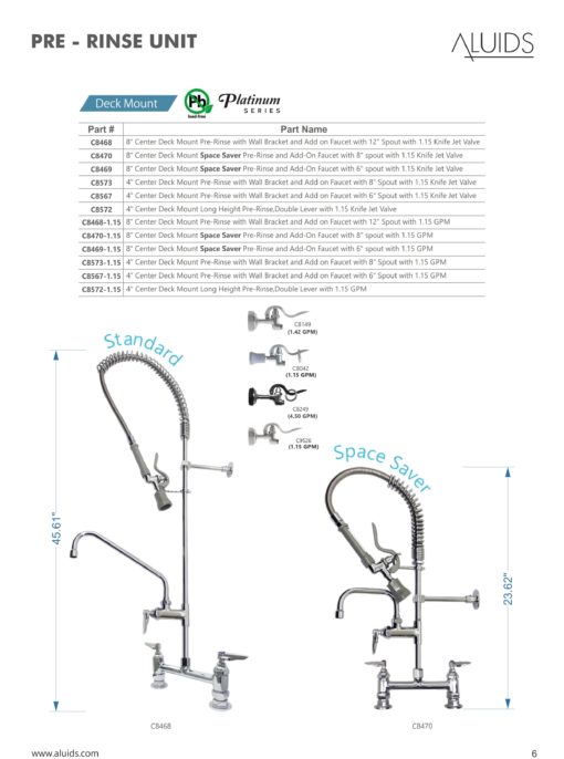 8" Center Deck Mount Pre-Rinse -1.15 GPM with Wall Bracket and Add on Faucet with 12" Spout