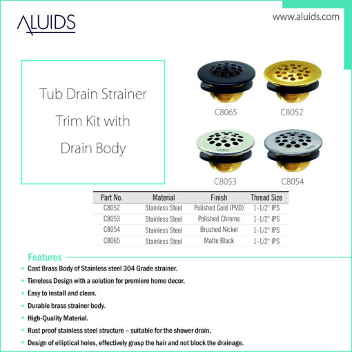 Tub Drain Strainer Trim Kit with Drain Body – Polished Chrome C8053 aluids