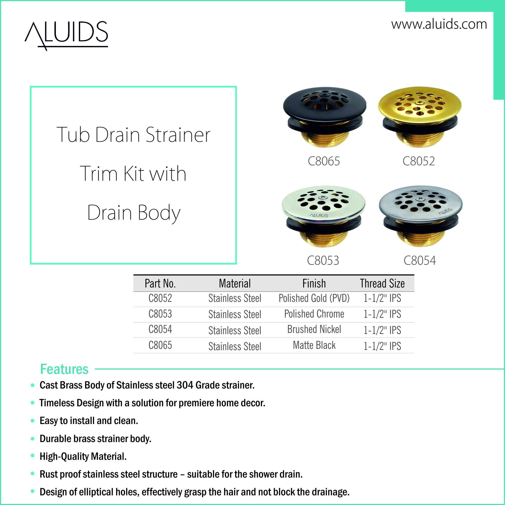 Tub Drain Strainer Trim Kit with Drain Body - Polished Chrome